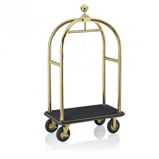 Hotel luggage trolley, gilded stainless steel, black carpet, 113x62x191cm, Premium