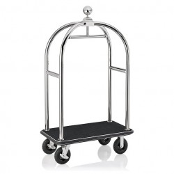 Hotel luggage trolley, polished stainless steel, black carpet, 113x62x191cm