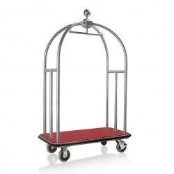 Hotel luggage trolley, stainless steel brushed, burgundy rug, 112x61x186 cm