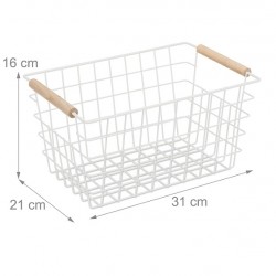 Coș metalic cu mânere din lemn, alb, depozitare, 16 x 31 x 21 cm