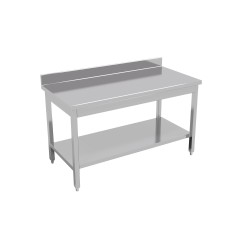 Masa de lucru din inox cu rebord, cu poliță inferioară ranforsată, inox, 1300x700x850 mm