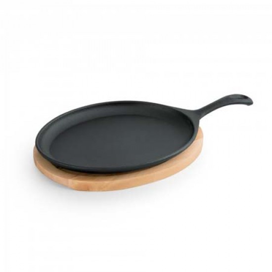 Tigaie fonta pentru servit cu suport de lemn 25x19x2 cm Tigaie fonta pentru servit cu suport de lemn 25x19x2 cm