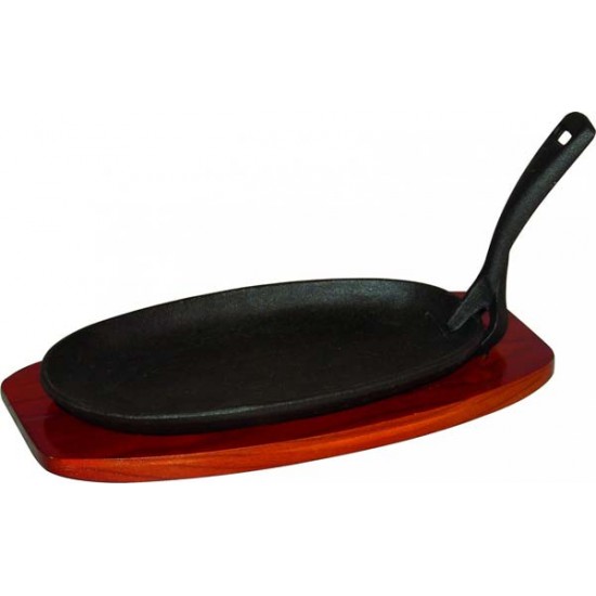 Tigaie grill ovala din fonta cu suport lemn servire steak 24x14 cm Tigaie grill ovala din fonta cu suport lemn servire steak 24x14 cm